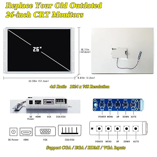 Image of UNICO 26inch Arcade Replacement Monitor with Mounting Bracket, 4:3 Ratio LCD Monitor for HDMI /VGA /CGA /EGA Old CRT Arcade Machine - 26 inch