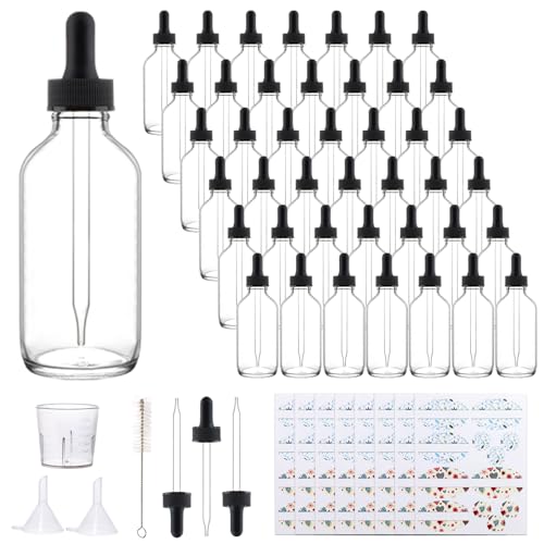 Comrzor 42 Pack 4oz Clear Glass Bottles with Glass Eye Droppers for Essential Oils Perfumes & Lab Chemicals (Brush Funnels 3 Extra Droppers 48 Pieces Labels & 30ml Measuring Cup Included)