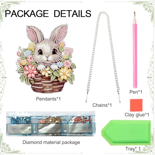 Image of AiYuanzsh Rabbit Flower Basket Diamond Painting Hanging Kit, 5D DIY Acrylic Special Shaped Diamond Art Pendant Ornament with Chain for Wall, Door, or Garden Decor, Easter Diamond Art Kit for Adults