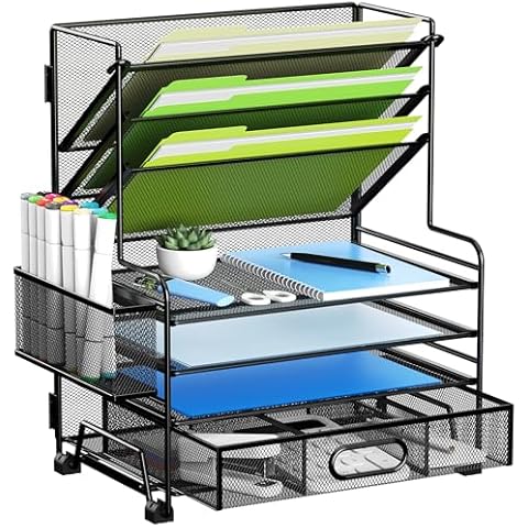 MINDEPOT 4-Tier Paper Organizer + 3-Pocket File Holder + Drawer + 2 Pen Holders, Desktop File Organizers Paper Tray for Office Accessories School Classroom Organization (Black) Cover