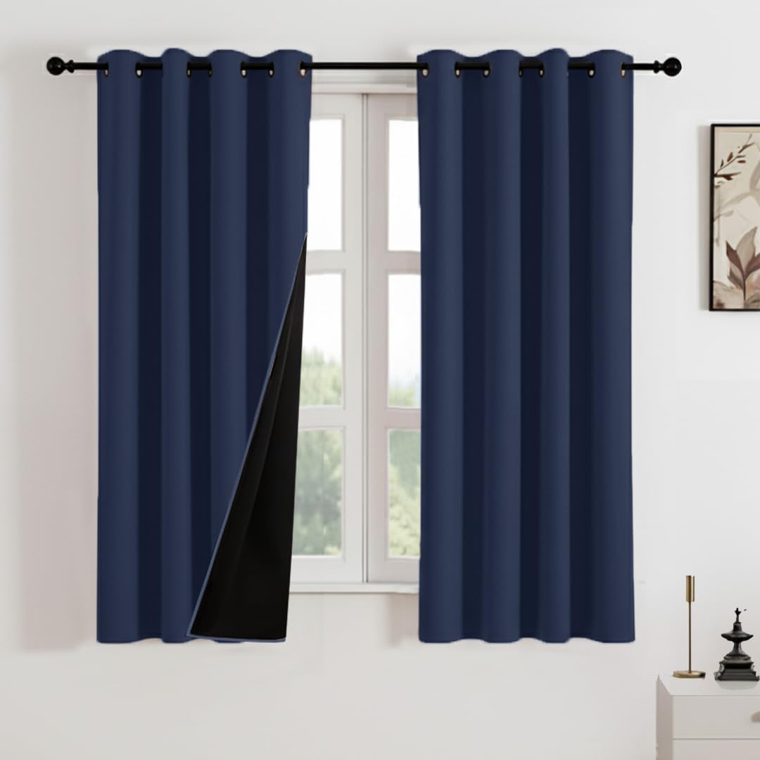 HOMEMONDE 100% True Blackout Curtains 5 Feet Long - Heavy Faux Silk Room Darkening Curtains with Black Backing, Room Privacy and Thermal Insulation Panels Pack of 6 - (60 Inch, Solid Navy Blue)