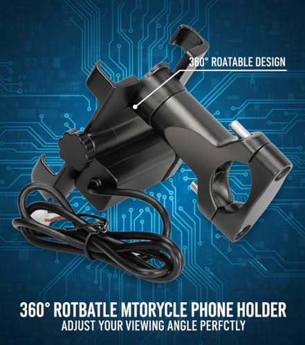 Image of Metal Bike Mobile Holder with USB Charger | 360 Rotating Handlebar Mount Cradle for Motorcycles & Bicycles | Universal Fit for All Smartphones | Heavy-Duty Metal Body (Black)