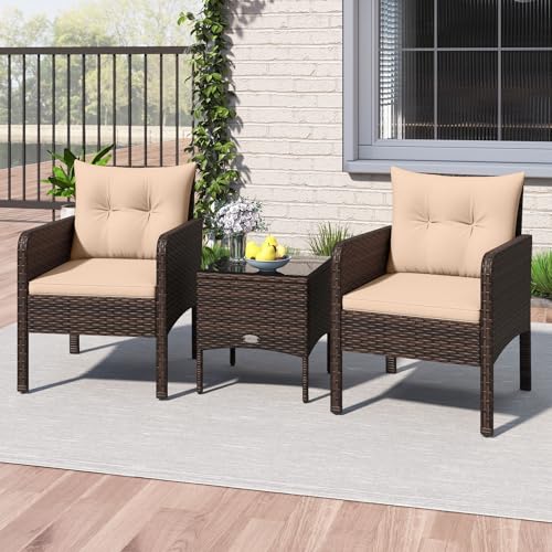 Image of Tangkula 3 Pieces Patio PE Wicker Furniture Set, Outdoor Bistro Conversation Set with Cushions and Tempered Glass Coffee Table, Outside Rattan Table and Chairs for Porch (Beige)