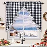 Yinhua Christmas Valance Christmas Tree Valance with Pompom Tassel Grey Buffalo Plaid Swag Valances for Windows Rod Pocket Kitchen Curtain 36 Inch Length Window Valances for Kitchen Cafe, 1 Panel