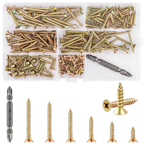 M3.5 Wood Screws Kit, 180 PCS Yellow Zinc-coated Steel Self Tapping Screws With Screw Bit - Ideal For Furniture Repair