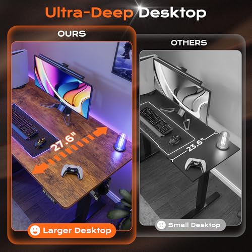Huuger 55 x 28 Large Electric Standing Desk, Height Adjustable Computer Desk, 27.6" Deep Desktop, Stand up Gaming Office Desk with 2 Hooks, 3 Preset Heights, for Home Office, Rustic Brown