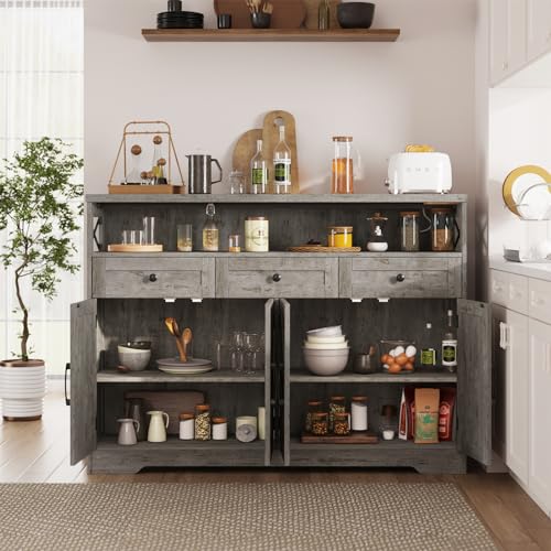 Image of 51 inch Farmhouse Buffet Sideboard Cabinet with Drawers and Barn Doors, Storage | Cabinet with Shelf, Kitchen Pantry Cabinet Hutch, Coffee Bar Station for Kitchen, Dining, Living room, Washed Grey