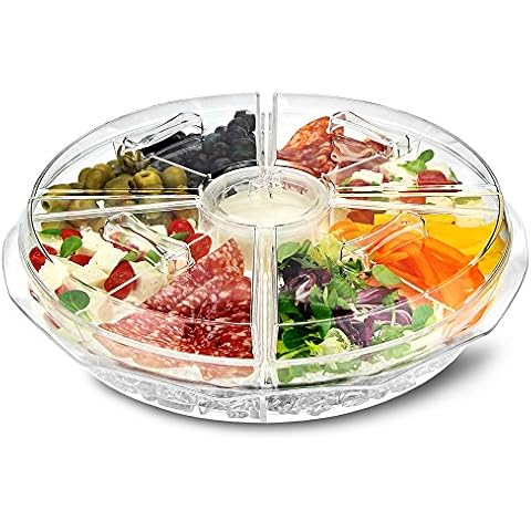 dine@drinkstuff On Ice 8 Section Appetiser Tray - Ice Chilled Sharing Platter with Dip Cup and Lids for Fresh Snacks Cover