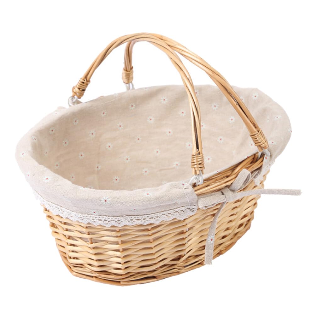 Cabilock Willow Woven Storage Basket Picnic Basket with Liner Flower Girls Basket Handheld for Camping, Picnic, Wedding, Egg Gathering