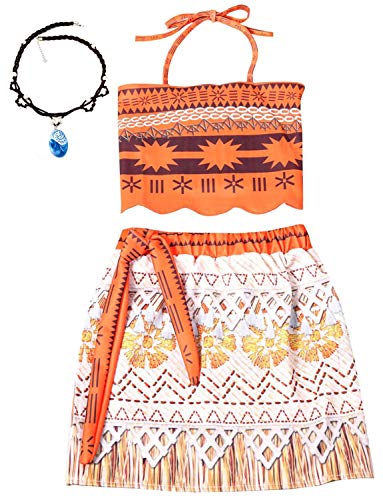 YOSICIL Moana Vaiana Disfraz Vestido Infantil Princesa Hawaii Traje Parte Las Niñas Top+Falda con Collar mar Fiesta para Cumpleaños Cosplay Carnival Halloween 2-8 años(90-140cm)