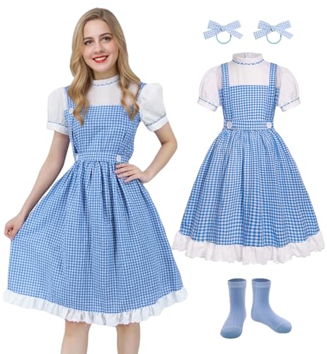 QUJQOM Blau-weißes Kleid für Dorothy-Kostüm, Damen, süßes Kleid für Rolle, Cosplay, Geburtstagsparty, Halloween, QM052M