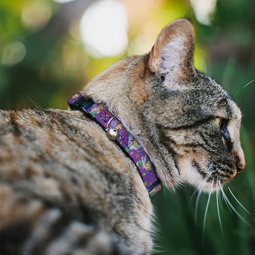 Image of Cat Collar Breakaway Tinker Bell Poses Flowers Stars Skull Purple 8 to 12 Inches 0.5 Inch Wide