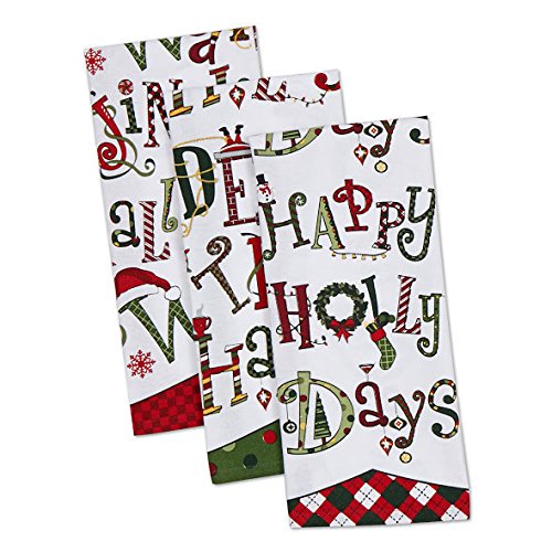 DII 100% Cotton, Oversized, Everyday Kitchen Basic, Printed Dishtowel, Welcome Holiday, 18x28, Set of 3- Christmas Carol