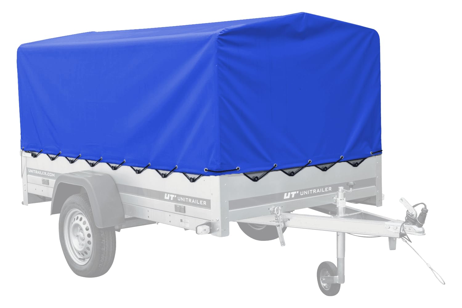 UNITRAILER Lona para Remolque 230x125 cm H80 cm Azul Impermeable con Cuerda elástica, Funda Protectora para Garden Trailer 230 Kipp, Lona de Alta Resistencia con Parte Trasera abatible