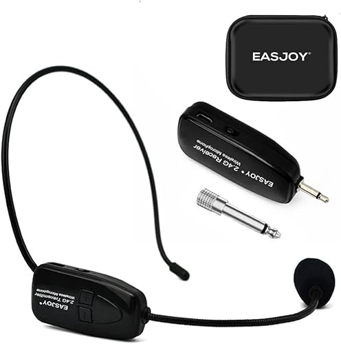 EASJOY Auriculares inalámbricos con micrófono inalámbrico 2.4G y de mano 2 en 1 recargables para amplificador de voz, altavoces de escenario,