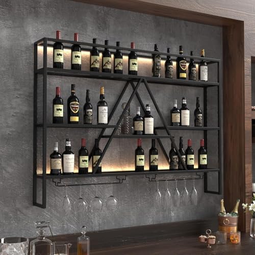 GOFEI 47" Wall Mounted Liquor Shelf with LED, Glass Holder – Modern Metal Bar Shelf Wall Mounted for Home Bar, Wine Storage, or Living Room Wall
