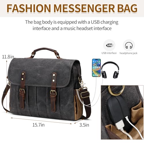 Messenger Bag for Men 15.6 Inch Vintage Canvas Genuine Leather Briefcase for Men Laptop Bag Satchel Shoulder Bag2