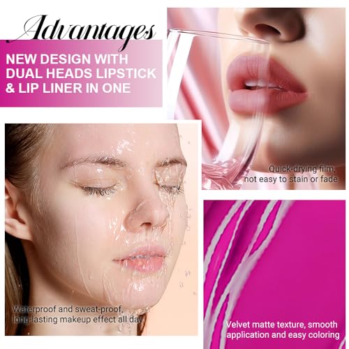 Image of evpct 1Pcs Hot Pink Matte Lip Liner & Liquid Lipstick Stain Makeup Set for Women Gift, Pink Lip Liner Stain Long Lasting Waterproof Smudge Proof, Longwear Lips Stick Makeup 24 hours originale, 59
