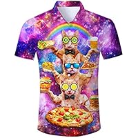 TUONROAD Camisas Hawaianas Hombre Funky 3D Cat Pizza Hawaii