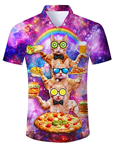 TUONROAD Camisas Hawaianas Hombre Funky 3D Cat Pizza Hawaii Shirt Manga Corta Camisas Verano Casual Aloha Camisa de Playa M