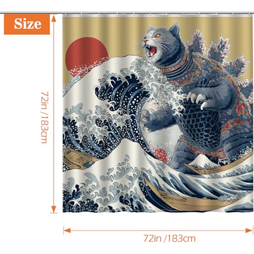 Image of Aimego Funny Cat Shower Curtain Japanese Nautical Anime Ocean Sea Wave Cool Unique Asian Whimsical Humorous Bathroom Decor Bathtub Curtain Fabric Shower Curtain Set with 12 Hooks, 72 inchx72 inch
