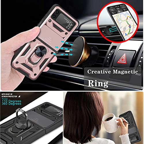 Compatible Samsung Galaxy Z Flip 3 5G Phone Case Built Slide Camera Protection Cover & Ring Kickstand, Military Grade Heavy Duty Shockoroof Bumper Hybrid Protective Case For Galaxy Z Flip 3 Pink #TOP4