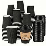 Nationwide Paper Coffee Cups with Lids 12oz (355ml) Black Ripple Triple-Wall Insulated Disposable Cups for Hot Drinks, Takeaway Coffee, Tea and Espresso, Catering, Office and Events (Pack of 200)