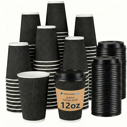 Nationwide Paper Coffee Cups with Lids, Insulated Ripple Hot Paper Cups, Disposable Cups for Takeaway Hot Drinks, (12oz-50 Pcs, Black)