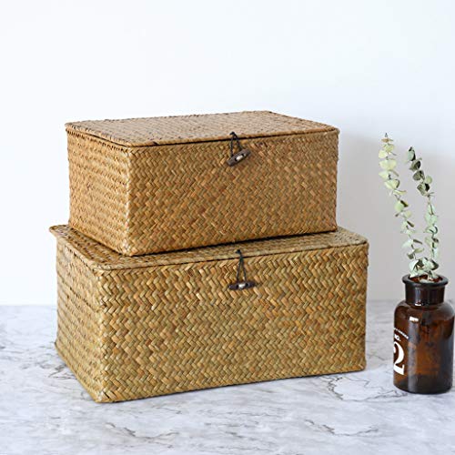 Panier de rangement en jonc de mer rectangulaire avec couvercle s