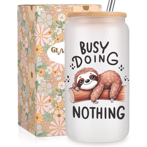 Fairy's Gift Sloth Gifts, Cute Glass Cup with Lid Straw, 16 oz Frosted Iced Coffee Cups, Cute Tumbler Stuff, Sloth Gifts for Women Girls - Birthday, Christmas Funny Presents for Coffee Lovers