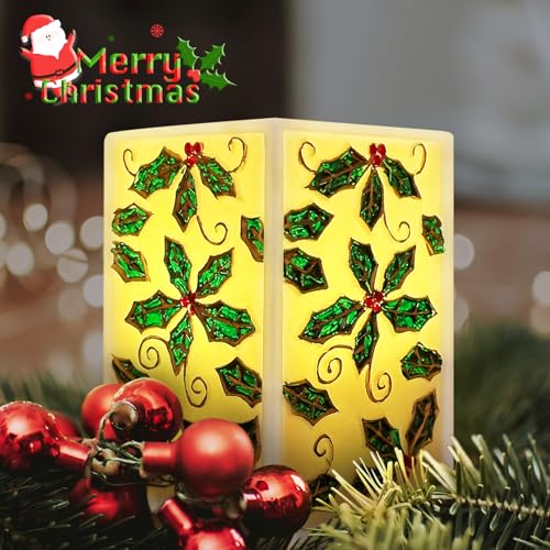 Image of Christmas Flickering Flameless Square Pillar Candle Light Real Wax LED Candle Battery Powered with 6 Hour Timer Xmas Indoor Decoration