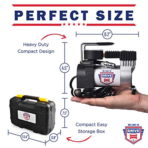 12V DC Best Air Compressor Tire Inflator with Gauge – 150 PSI Portable Air Pump for Car Tires, Trucks & Inflatables – DOUBLE BONUS Tire Puncture Repair Kit & Carry Case – by We Love to Drive