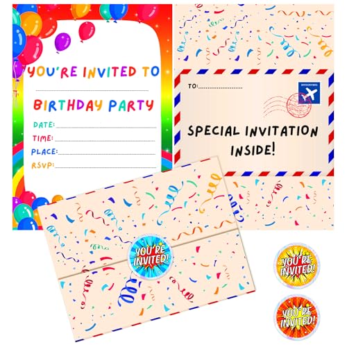 BestaFiesta 36 Kids Childrens Birthday Party Invitations with Folding Envelope Design and Holographic Stickers (Rainbow)