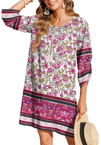 Image of Zeagoo Womens Boho Dresses Casual Beach Summer Dress Tassel Tie Neck 3 /4 Long Sleeve Mini Sundress 2026 Floral Print Cover Up