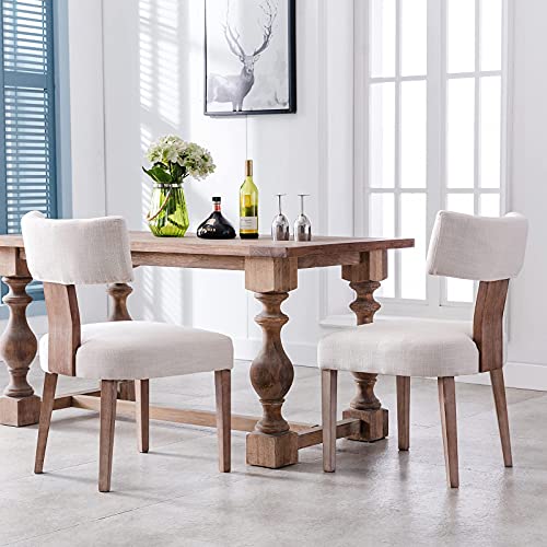 Hny Hi&Yeah Mid Century Modern Dining Chairs, Linen Fabric Upholstered And Curved Backrest Kitchen Chairs Set Of 2, With Hardwood Frame, Beige #TOP3