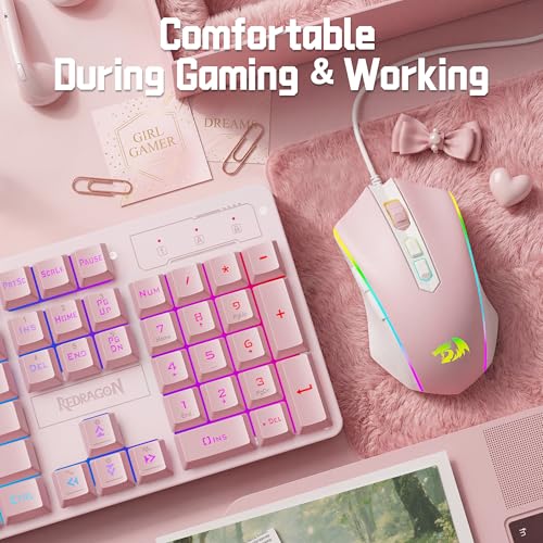 Image of Redragon Updated S107WP Gaming Keyboard and Mouse, RGB Gaming Keyboard and 10000 DPI Mouse Combo with 25-Key Anti-Ghosting, 1K Hz Programmable Mice with Software, Plug & Play to PC, Laptop - Pink