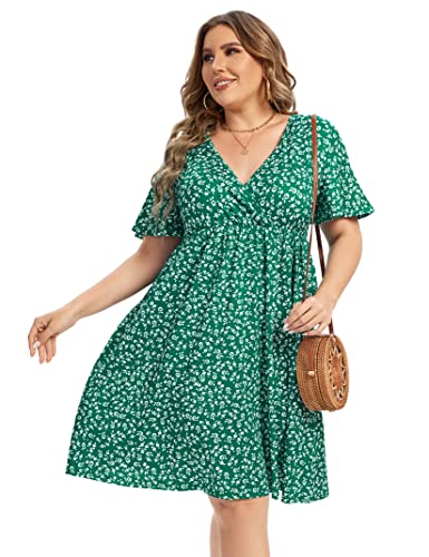 AMZ PLUS Plus Size Casual Kleid Damen V Ausschnitt A-Linie Knielang Wickelkleid Swing Kleider Plus Size A Linie Party Minikleid, Greenf, 3X-Groß