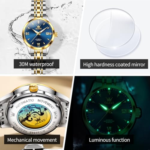 Image of OLEVS Womens Automatic Watch Gold Luxury Diamond Self Winding Ladies Wrist Watches Waterproof Luminous Date