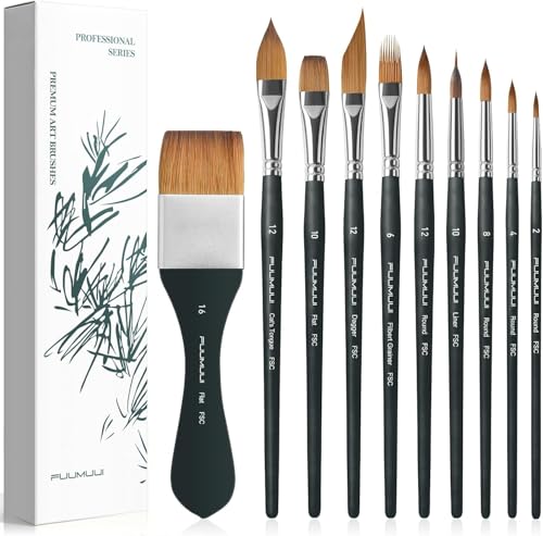 Fuumuui Watercolor Brushes, 10Pcs Professional Watercolor Paint Brush Set, Soft Synthetic Hair - Wide Flat, Dagger, Cat's Tongue, Extended Needle, Round, Grainer for Watercolor Gouache Inks Painting