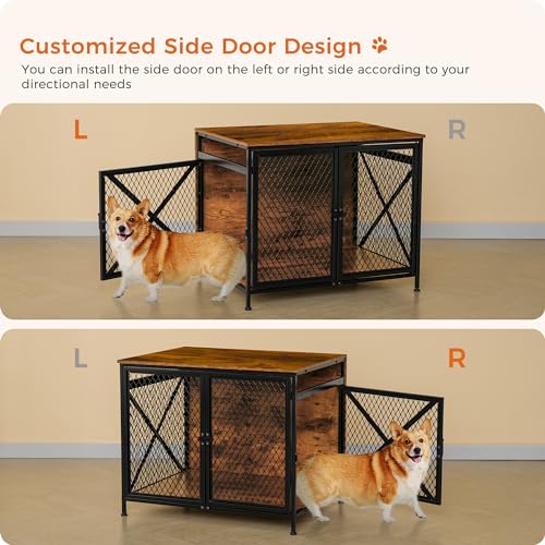 DWANTON Dog Crate Furniture, 31.5\" L Three-Door Wooden Dog Kennel Indoor, Connectable Expansion, Wooden Dog Crate Table for Small/Medium/Large Dog, Dog House, Dog Cage Large, Rustic Brown