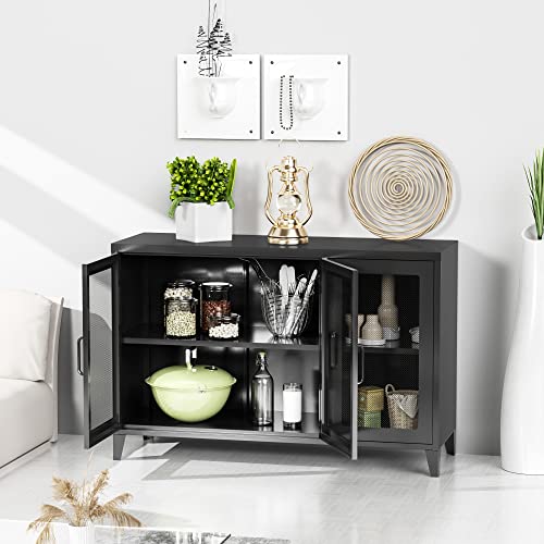 Afaif Metal Storage Cabinet, Steel Office Cabinet, Freestanding Sideboard Cabinet Storage With 3 Mesh Doors & Adjustable Shelves, Black Side Cabinets For Home Office, Living Room,Bedroom,Kitchen #TOP4