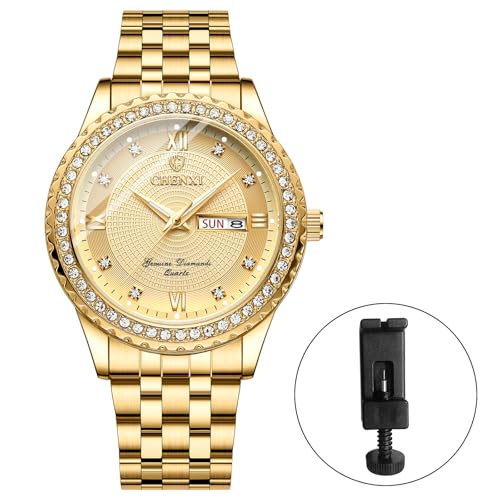 Image of JewelryWe Couple Gold Quartz Watch: Business Analog Full Diamond Day Date 3ATM Waterproof Luminous Hands Stainless Steel Removable Strap Casual Wrist Watch for Father's Day