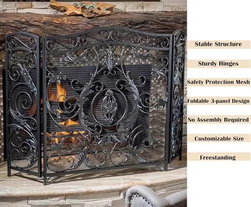 Mampara de chimenea de metal de 3 paneles y protección contra chispas extragrande 4