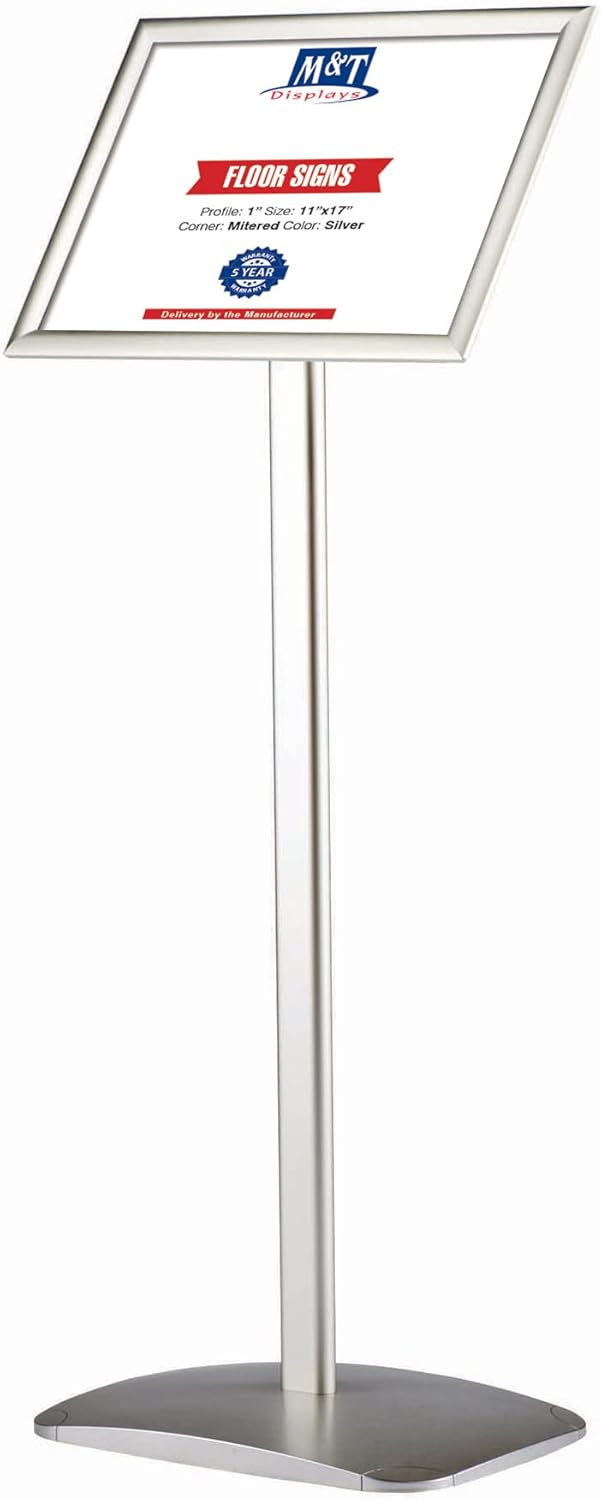M&T Displays Advertising Restaurant Aluminum Sign Post, Silver A3 11x17 Inch Poster Size, Mitred Corner, Landscape and Portrait Use, Reusable and Durable Message Board, Free Standing (Silver - 1 Pack)