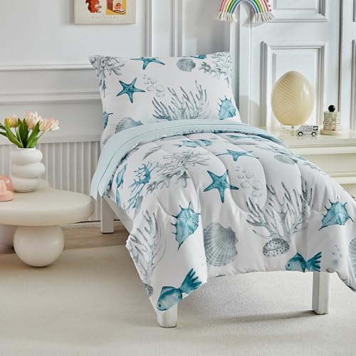 Image of White Toddler Bedding Set for Boys Girls Water Blue Colorful Ocean Starfish Shell Aquatic Plant 4PC Toddler Bed Set - Soft Blue Cute Toddler White Bed in a Bag with Sheet Set and Pillow Shams