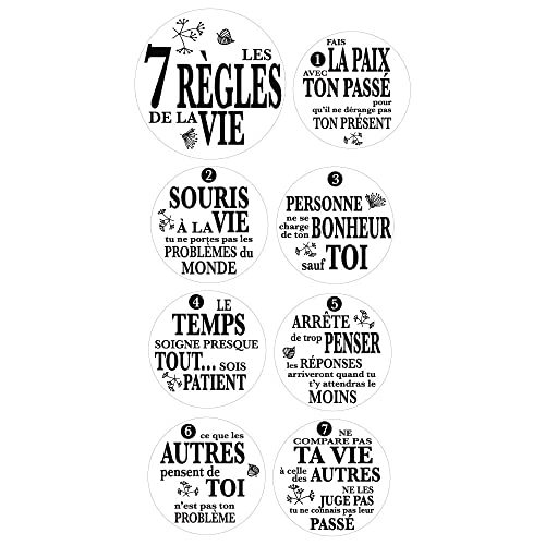 Stickers les 7 Règles de la Vie. Planche Autocollants Ronds Règlement de Vie. Affiche Règles Bonheur. Stickers message noir et blanc - Diamètre 18 cm - Adhésif Transparent