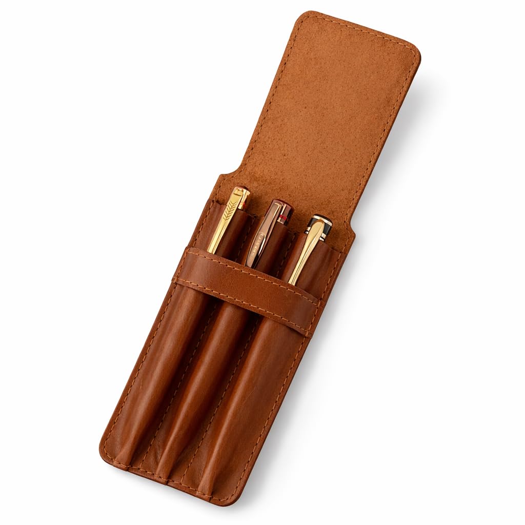 The Antiq Genuine Leather Pen Case for 3 Pens - Handmade Premium Pen Holder Organizer with Flap Closure Slim Travel Pouch for Office Business Use, 3.5 x 7- Tan