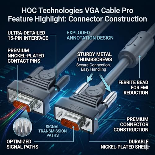 Image of HOC VGA Cable Male to Male 3+4 PRO | Full HD 1080P | Gold Plated 15 Pin Connector | Double Shielded | For PC, Monitor, Laptop, Projector | CE RoHS | 1 Year Warranty