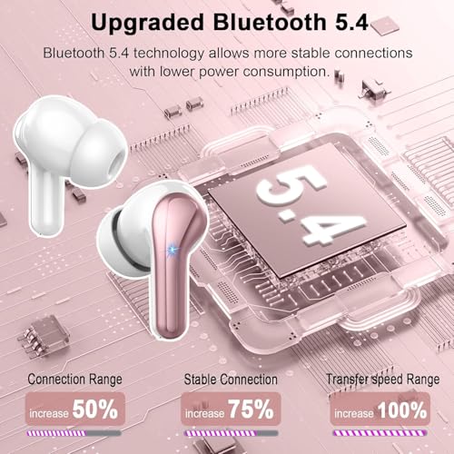 Image of Nerunsa Wireless Earbuds, Bluetooth 5.4 Headphones with 4 ENC Noise Cancelling Mic, 45Hrs Playtime Bluetooth Earphones HiFi Stereo Deep Bass, in Ear Earbuds IP7 Waterproof, Wireless Headphones Pink