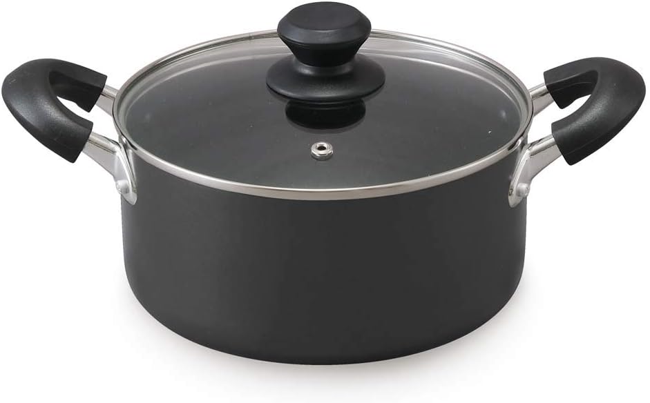 IRISOhyama DIS-P20 Two-Handled Pot, 7.9 inches (20 cm), Pot with Lid, Gas Cook/Induction Compatible, Glass Lid, Diamond Coat, Long Lasting, Non-Stick, Easy Care, Black